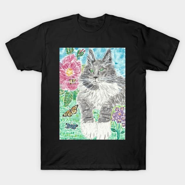 Gray and white  cat butterflies  flowers  art T-Shirt by SamsArtworks